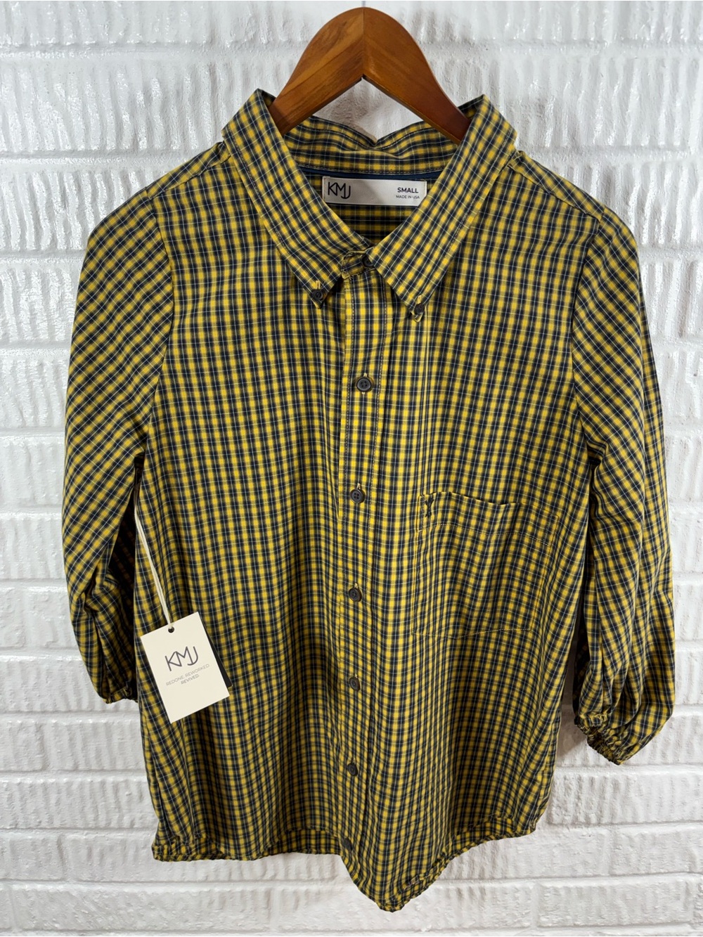 KMJ Plaid Button-Up Shirt Yellow Navy NWT